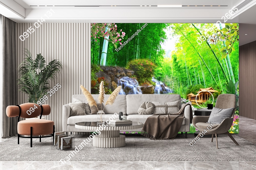 Tranh dán tường 5D phong cảnh sơn thủy rừng tre dán phòng khách