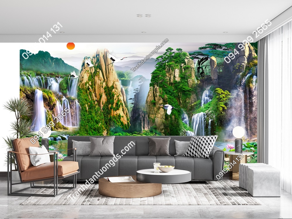 Tranh dán tường 5D sơn thủy phong cảnh núi đá thác nước đẹp