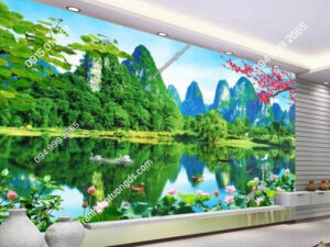 Tranh dán tường 3D phong cảnh sơn thủy hữu tình phòng khách- 5D001