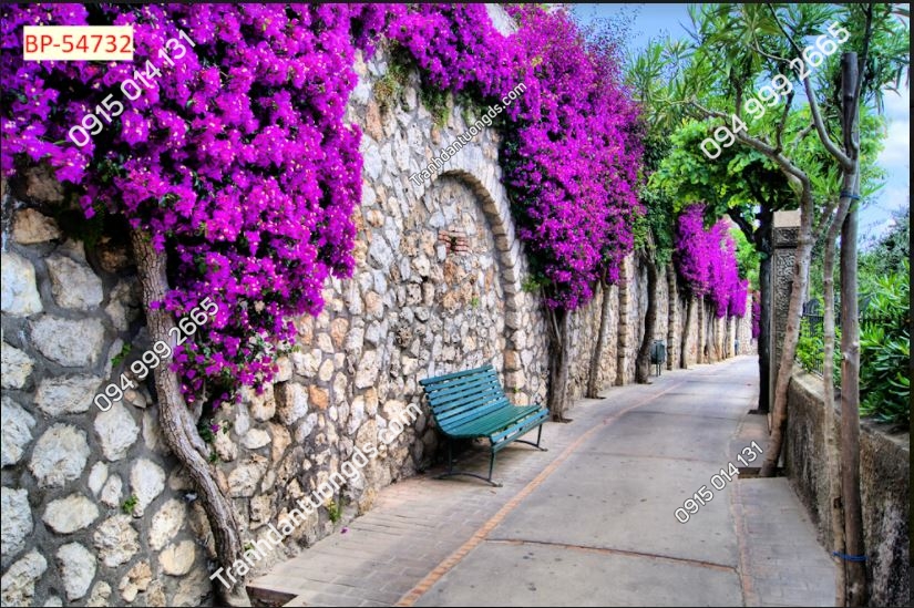 Tranh dán tường con đường hoa công viên ghế đá