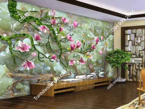 Tranh dán tường hoa mộc lan cẩm thạch 5D030 phòng khách