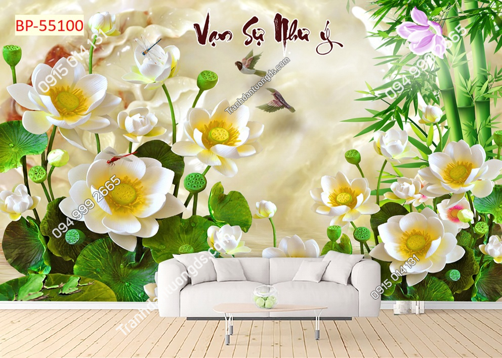 Tranh dán tường hoa sen trắng nhụy vàng 55100