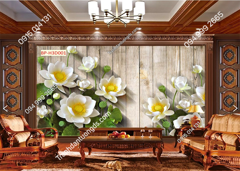 Tranh dán tường hoa sen trắng nhụy vàng H3D001