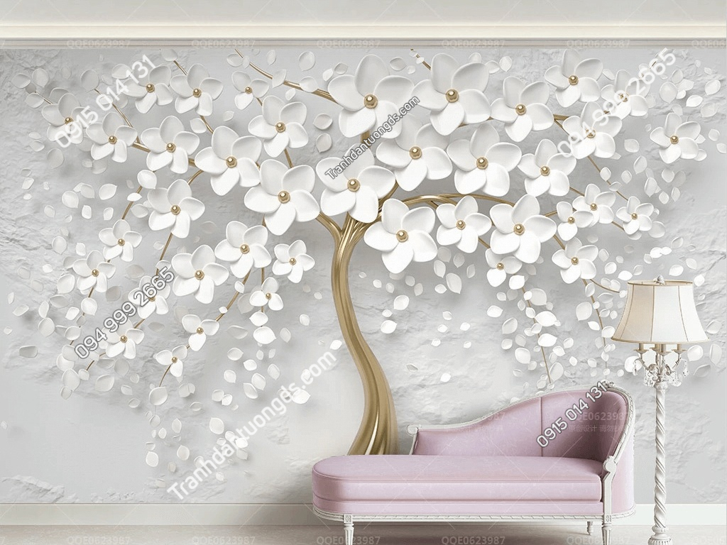 Tranh dán tường hoa trắng 3D nổi 5D031