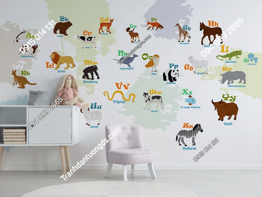Tranh dán tường hình động vật 26 chữ cái phòng trẻ em 5D062