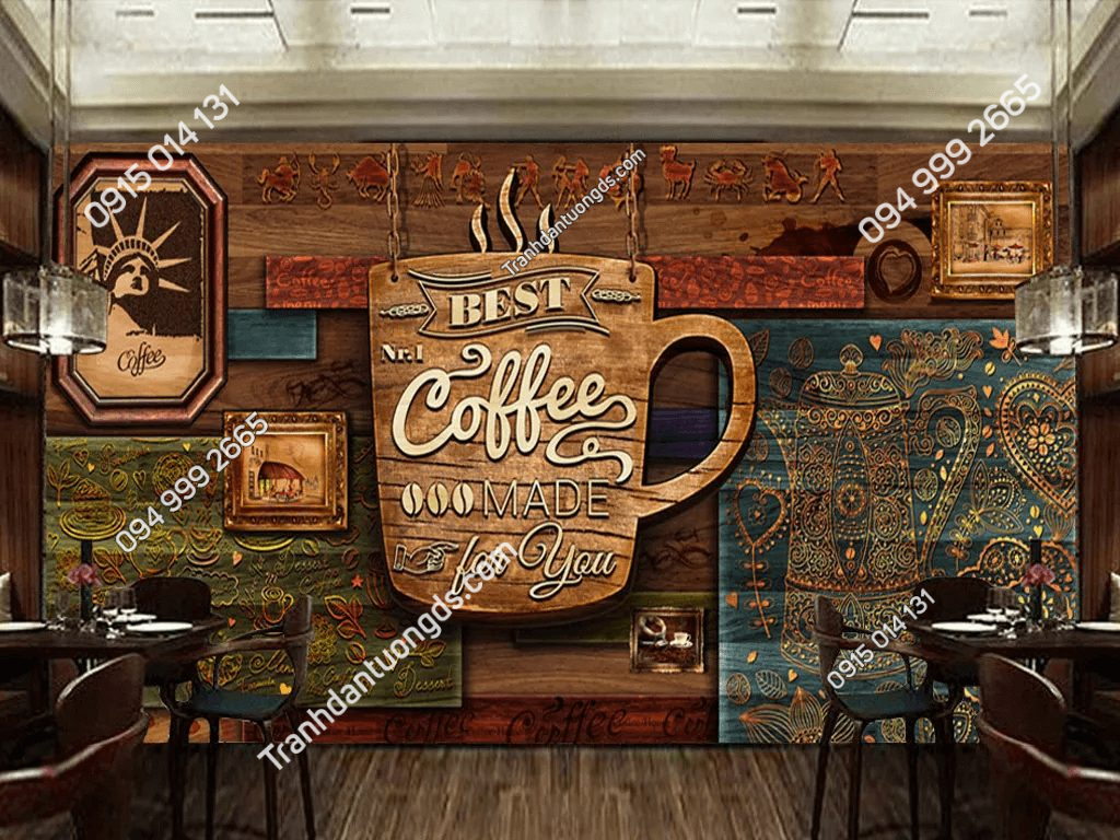 Tranh dán tường cafe mộc 5D051 quán cafe trà sữa