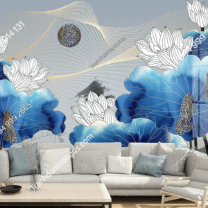 Tranh dán tường hoa sen trắng lá xanh dương 5D050 dán phòng khách