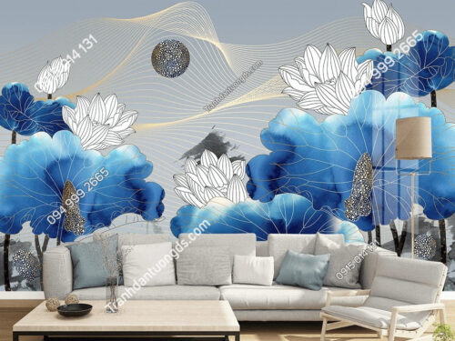 Tranh dán tường hoa sen trắng lá xanh dương 5D050 dán phòng khách