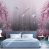 Tranh dán tường hồ hoa anh đào hồng 5D057 phòng ngủ