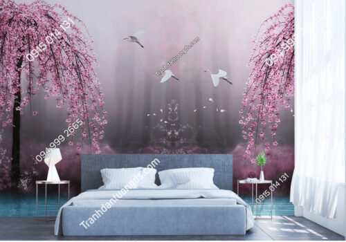 Tranh dán tường hồ hoa anh đào hồng 5D057 phòng ngủ