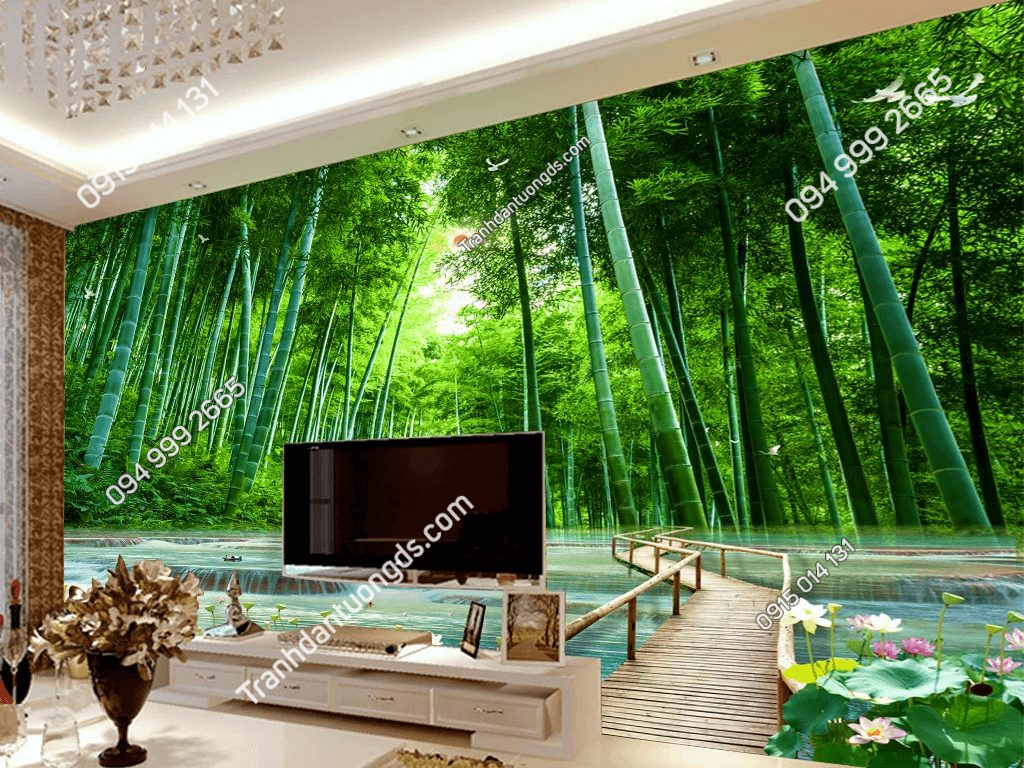 Tranh dán tường rừng tre xanh và cầu gỗ 5D059