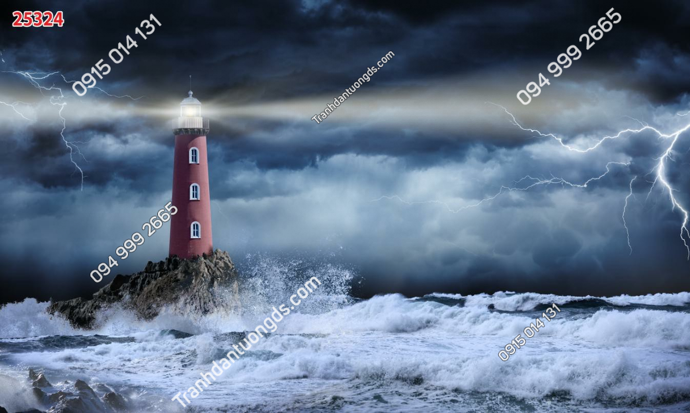 Tranh dán tường ngọn hải đăng bão biển - 25324