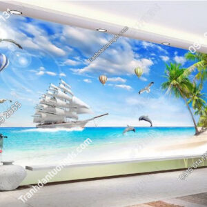 Tranh dán tường phong cảnh bãi biển cây dừa và thuyền buồn DS_13461045