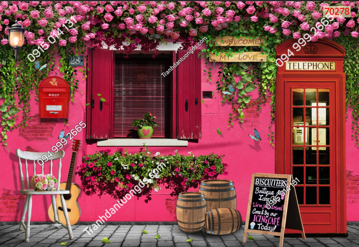 Tranh dán tường 3D tường hoa phố cổ quán cafe trà sữa
