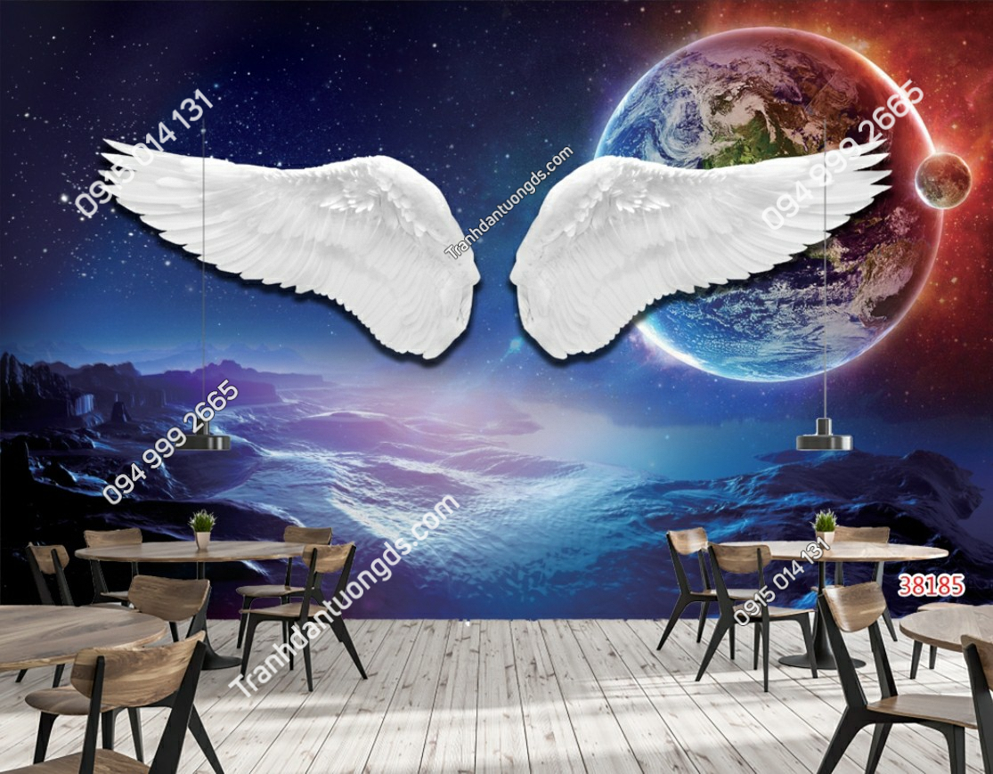 Tranh dán tường cánh thiên thần cho quán cafe