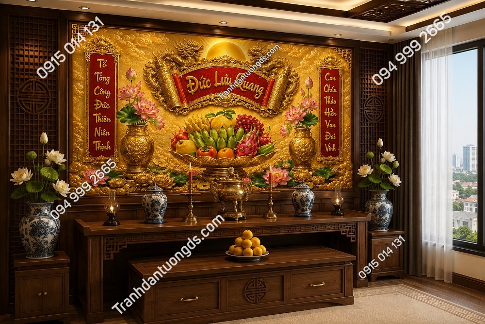 Tranh dán tường ban thờ mâm ngũ quả và câu đối 3D8820265
