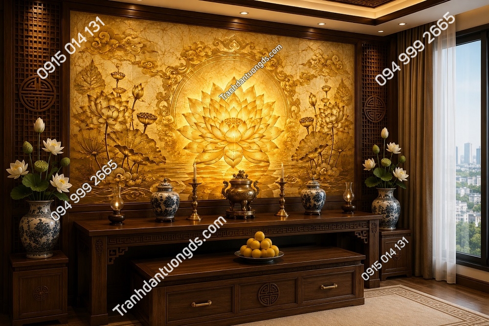Tranh dán tường hoa sen trúc chỉ dán sau ban thờ 3D8820266