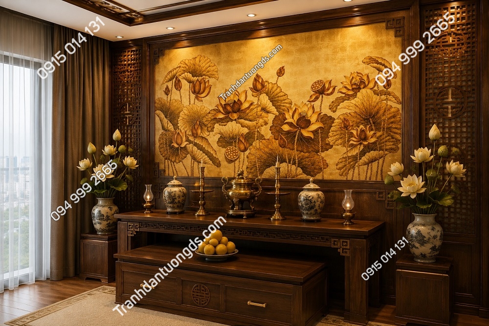 Tranh dán tường hoa sen vàng nâu trầm ấm trang trí ban thờ 3D8820264