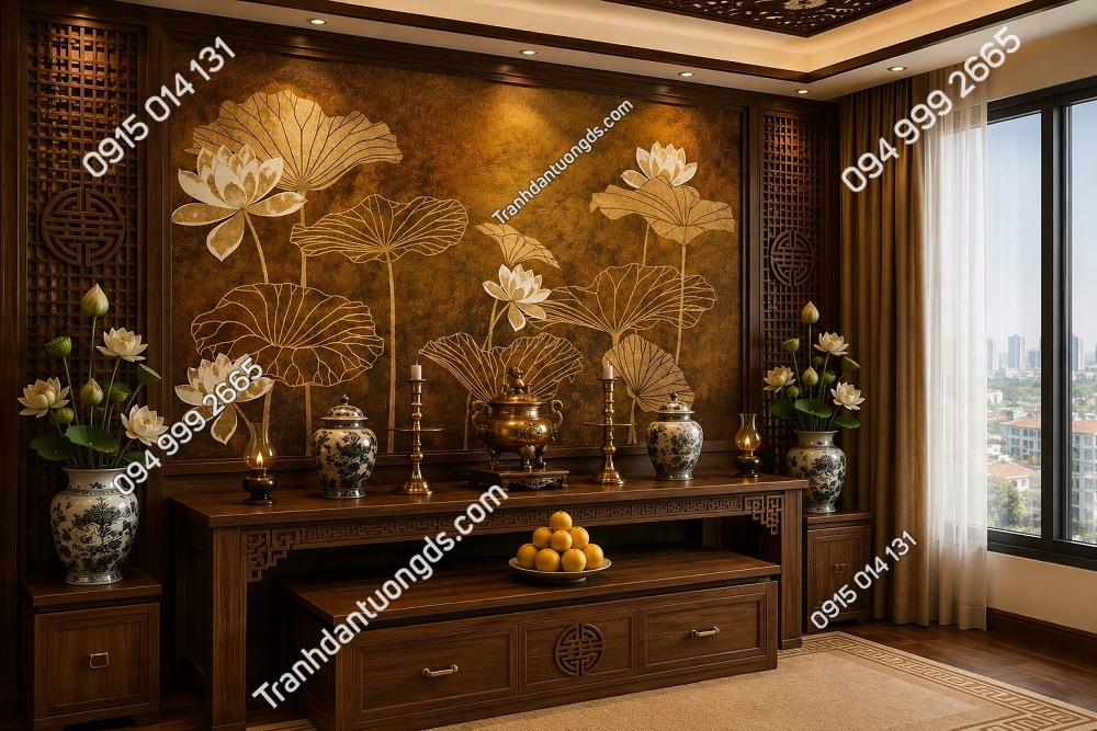 Tranh hoa sen dán tường sau ban thờ 64188