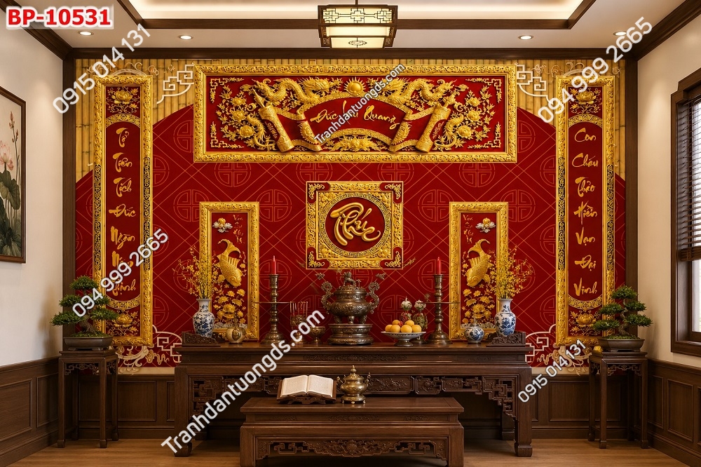 Tranh thờ cuốn thư câu đối vàng nền đỏ 3D10531