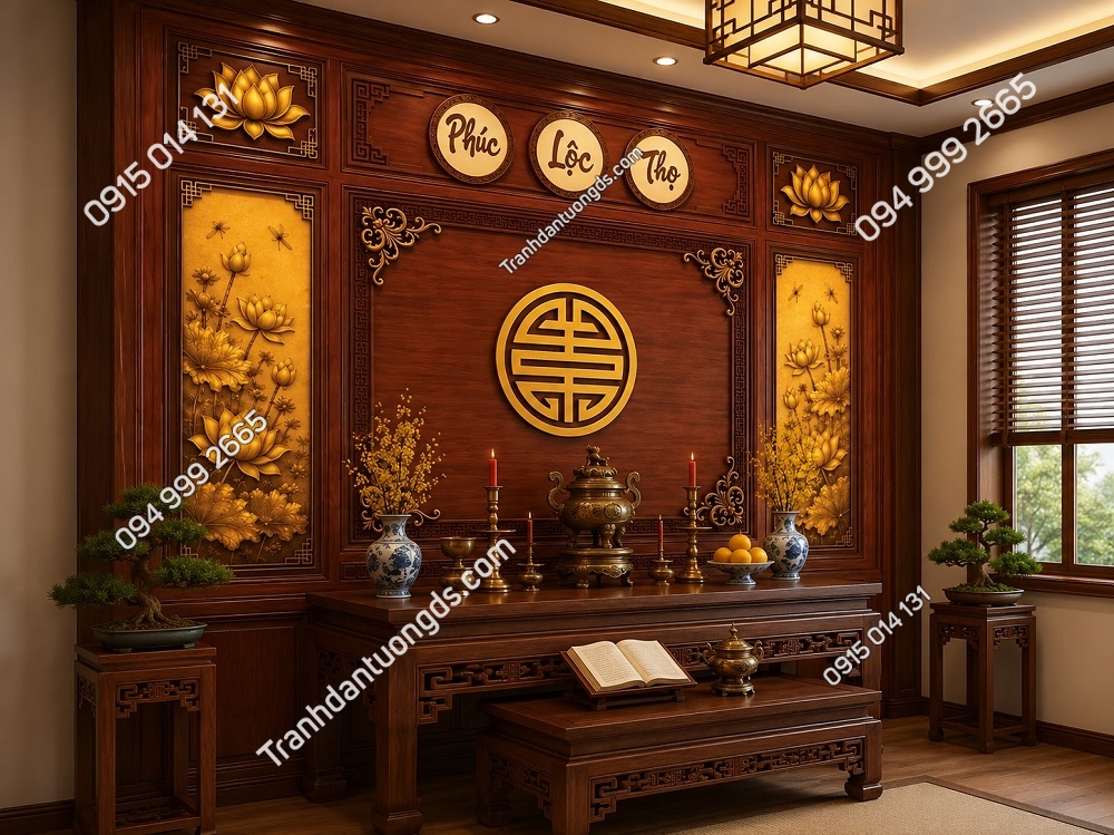 Tranh thờ nên gỗ và hoa sen chữ Phúc Lộc Thọ 10822