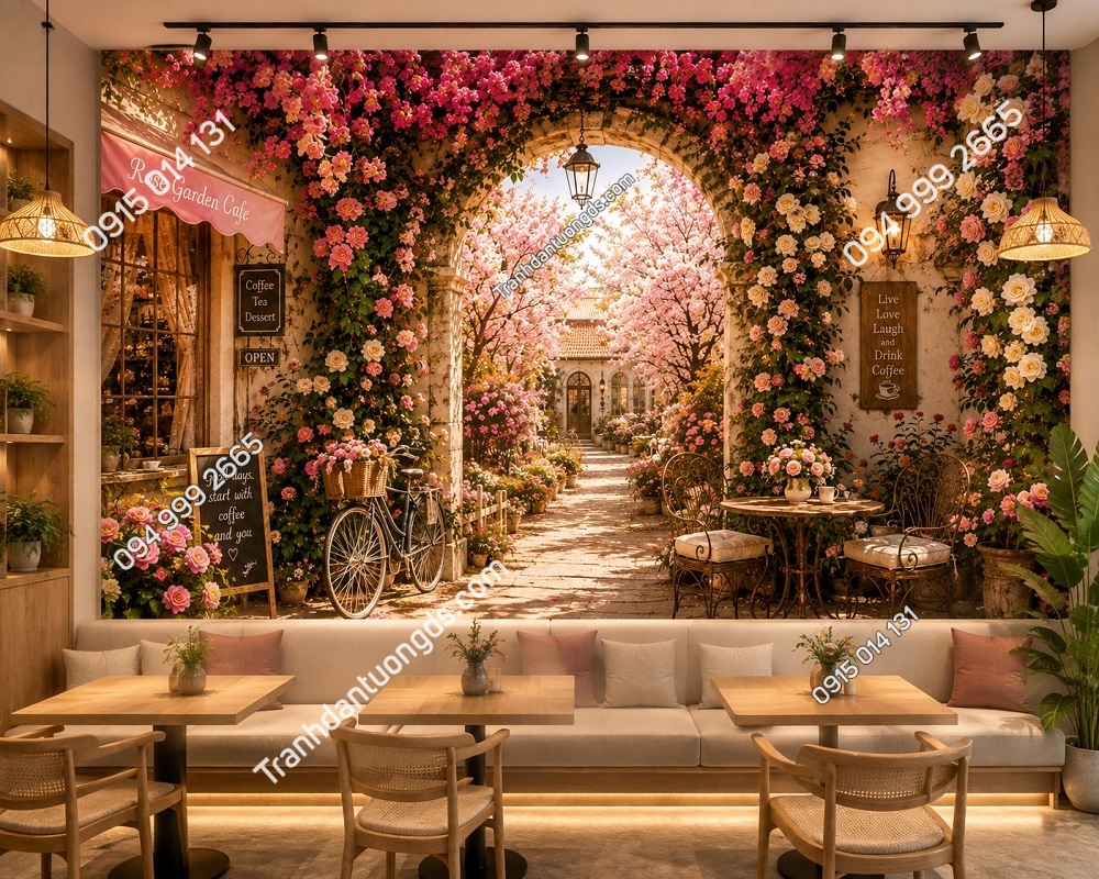 Tranh dán tường Cafe Vườn Hoa Hồng – Hoa Giấy – Hoa Anh Đào CF15820263