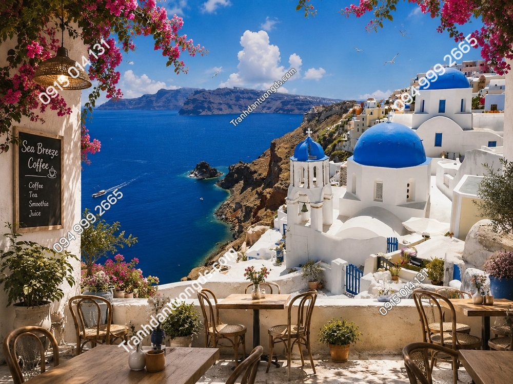 Tranh dán tường quán cafe biển Santorini Địa Trung Hải 3D 5D