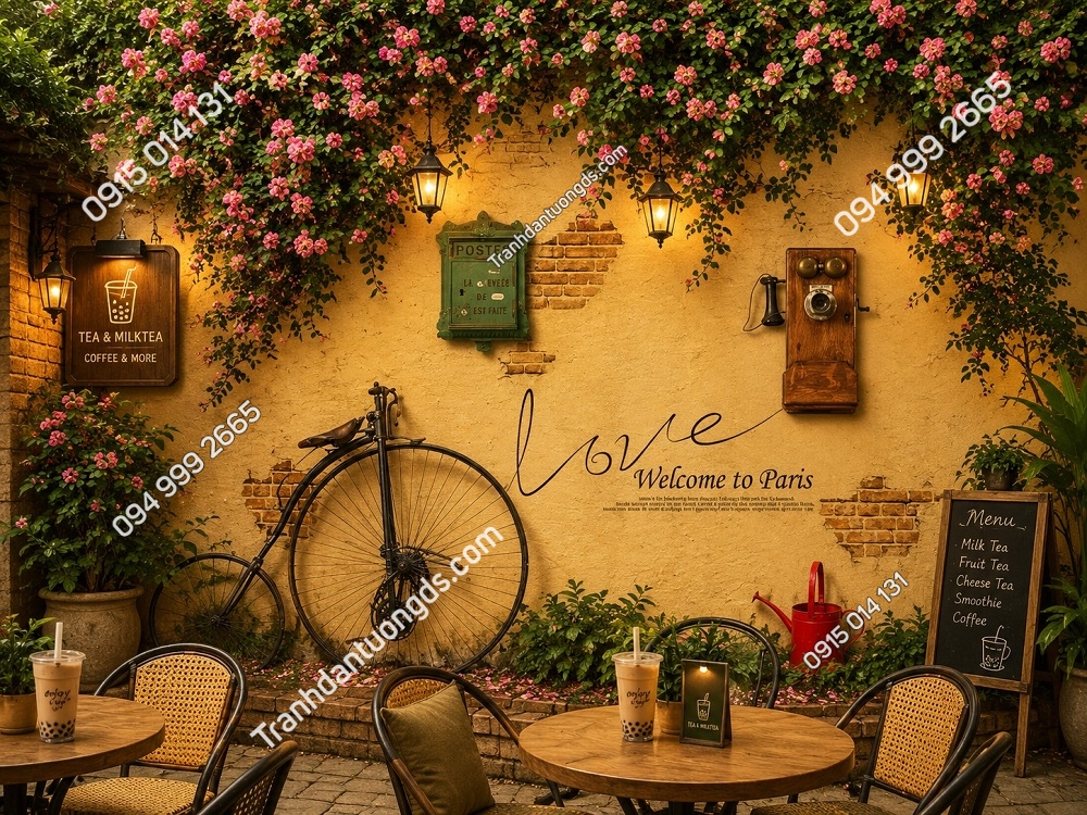 Tranh dán tường quán cafe tường hoa 3D 0508