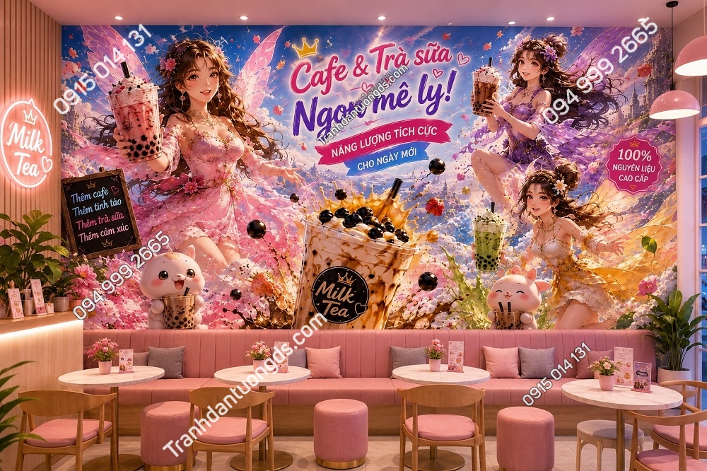 Tranh dán tường quán trà sữa anime Fairy Milk Tea 3D 5D CF2026663