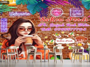 Tranh dán tường quán trà sữa cô gái nền gạch 0367