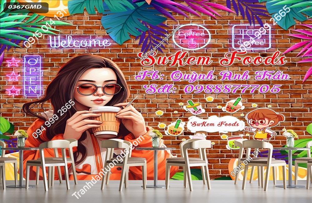 Tranh dán tường quán trà sữa cô gái nền gạch 0367