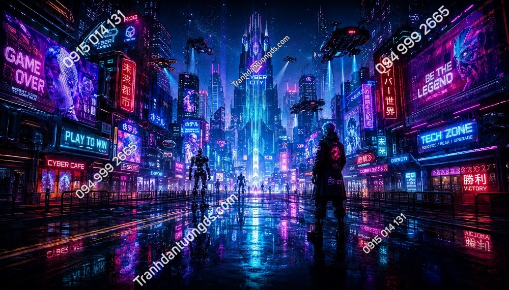Tranh Dán Tường Gaming Cyberpunk Cyber City Neon Tương Lai