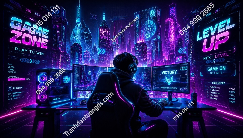 Tranh Dán Tường Gaming Cyberpunk Neon Esports Thành Phố Tương Lai 14820261