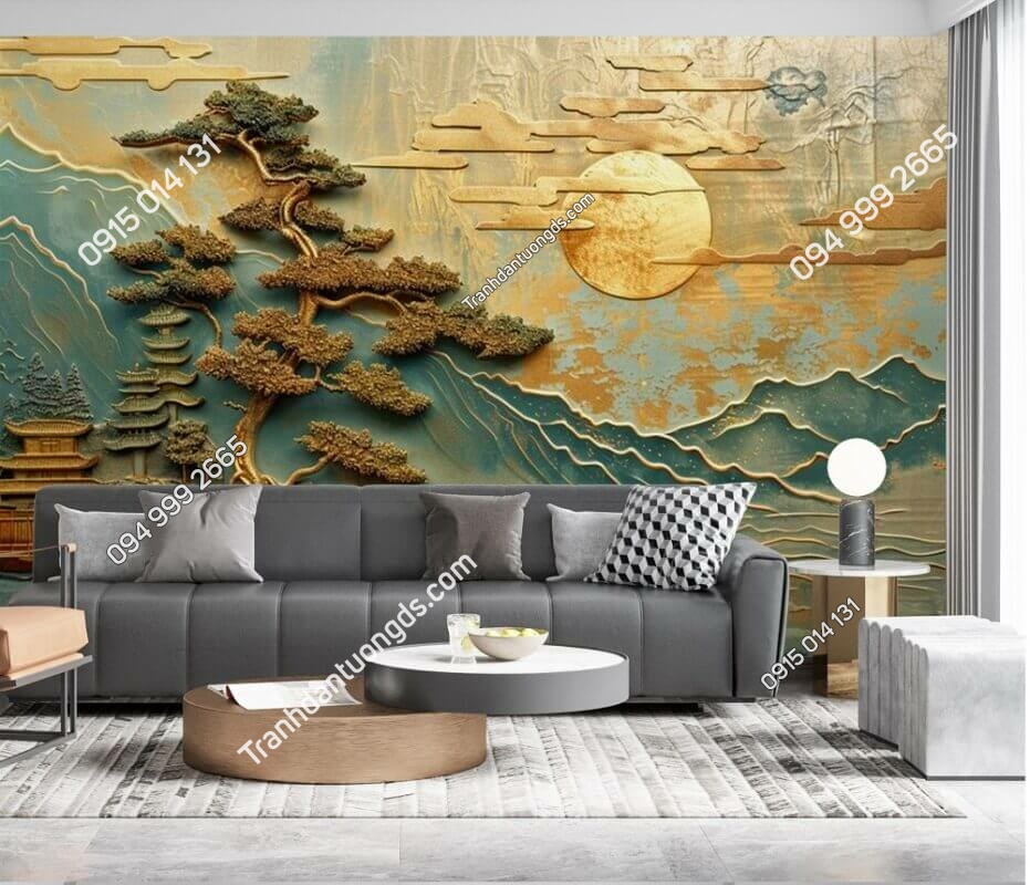 Tranh dán tường 3D núi kiểu trung hoa trang trí phòng khách FR260924150