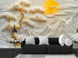 Tranh dán tường núi và trăng giả điêu khắc trắng FR260924226
