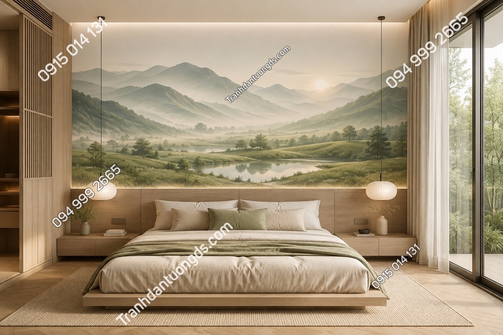 Tranh dán tường núi xanh bên hồ bình minh trang trí phòng ngủ DN16820261