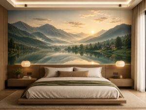 Tranh dán tường núi xanh bên hồ bình minh trang trí phòng ngủ DN16820262
