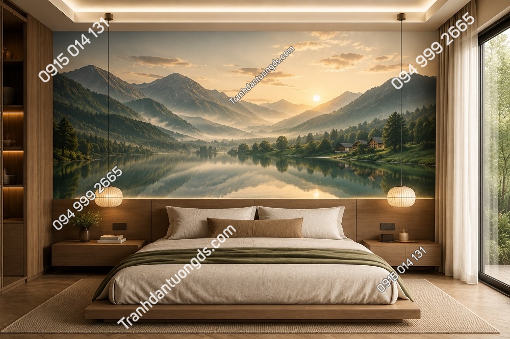 Tranh dán tường núi xanh bên hồ bình minh trang trí phòng ngủ DN16820262