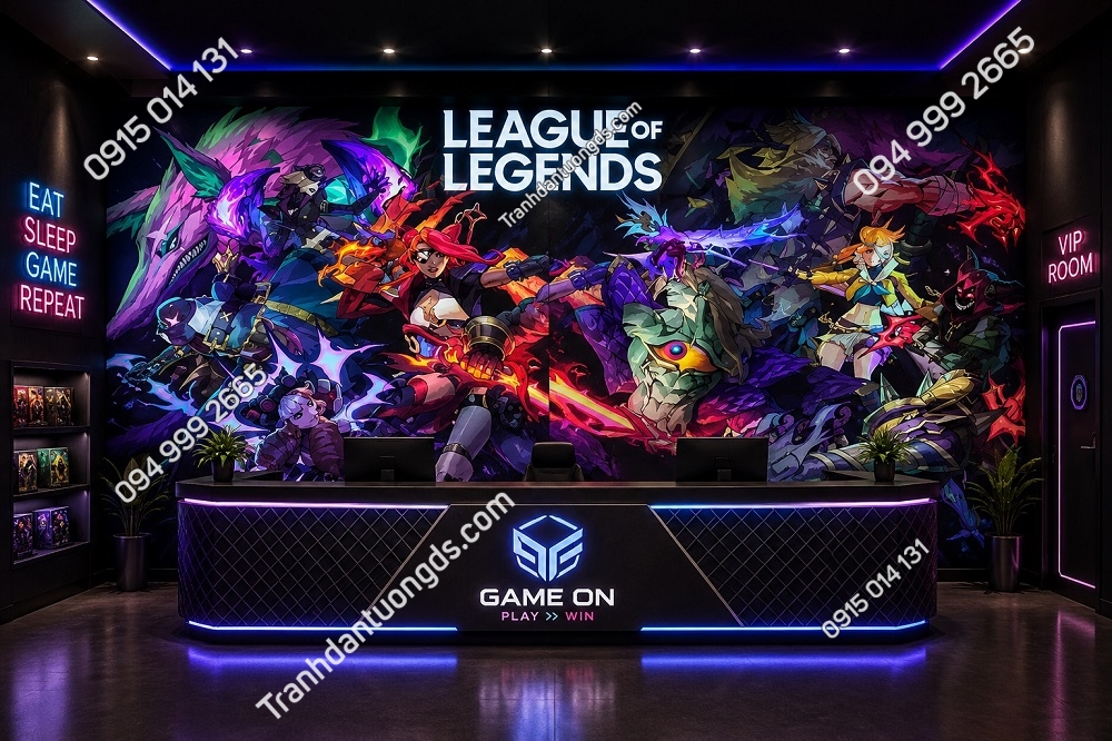 Tranh dán tường quầy lễ tân gaming hình liên minh huyền thoại