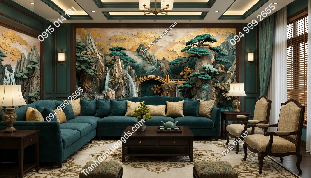 Tranh dán tường sơn thủy núi non tông xanh trang trí phòng khách AB836426346