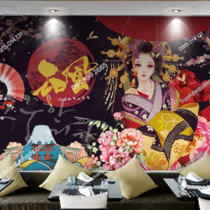 Tranh tường cô gái Nhật mặc Kimono dán quán cafe DS_17620773