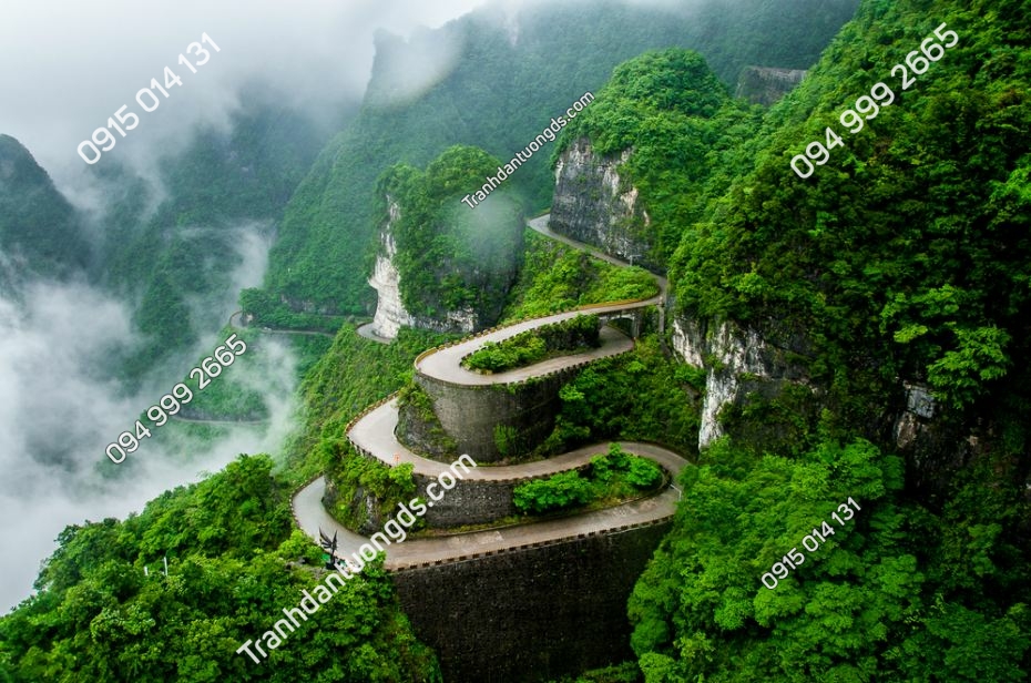 Con đường quanh co của vườn quốc gia núi Thiên Môn (Zhangjiajie) trong mây sương mù, tỉnh Hồ Nam, Trung Quốc 727336858