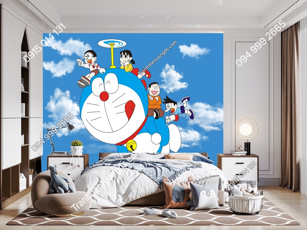 Tranh dán tường 3D Doraemon màu xanh