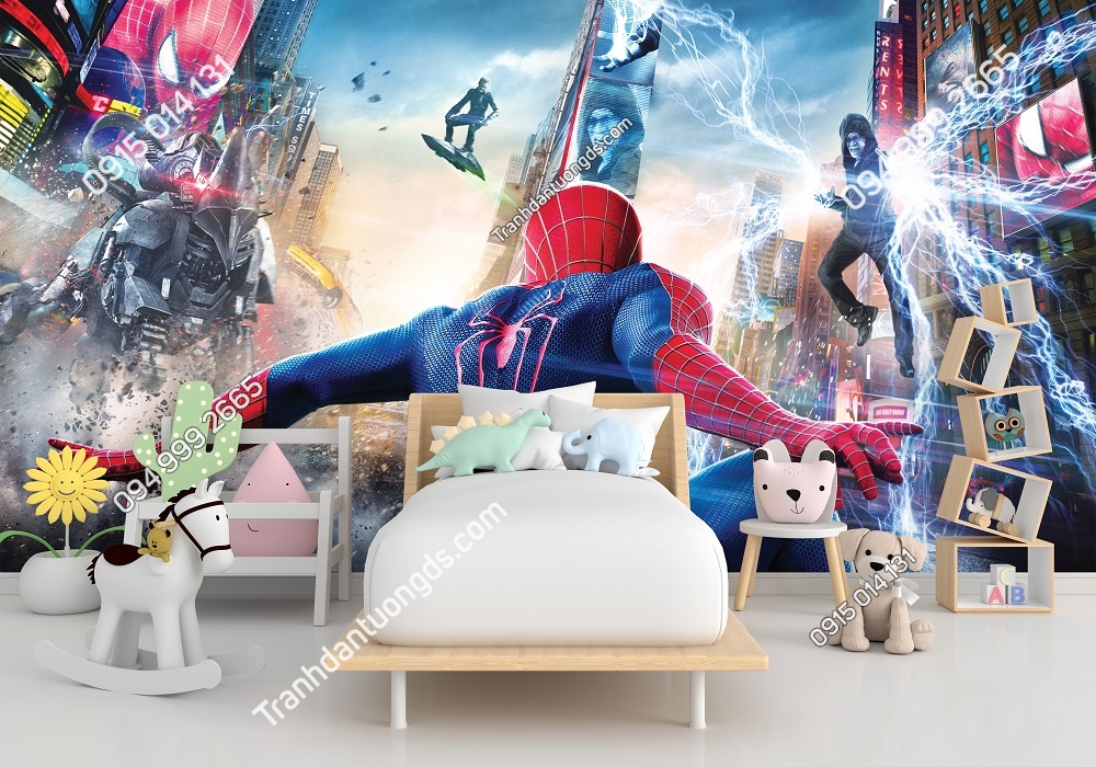 Tranh dán tường 3D người nhện Spider Man dán phòng bé 1142