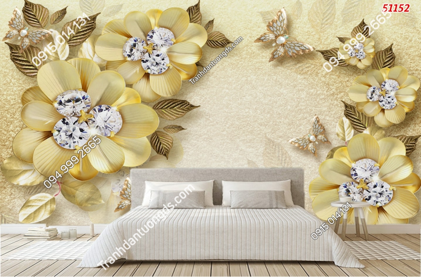 Tranh dán tường hoa 3D vàng kim cương 51152