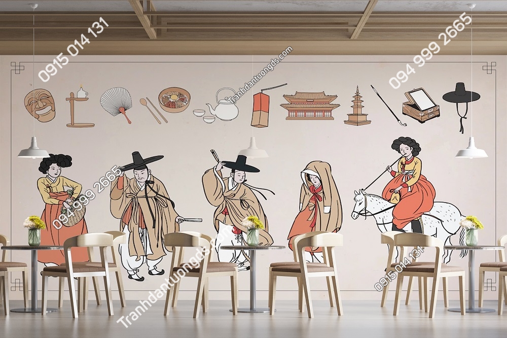 Tranh dán tường kiểu vẽ người mặc hanbok Hàn Quốc FP10079881