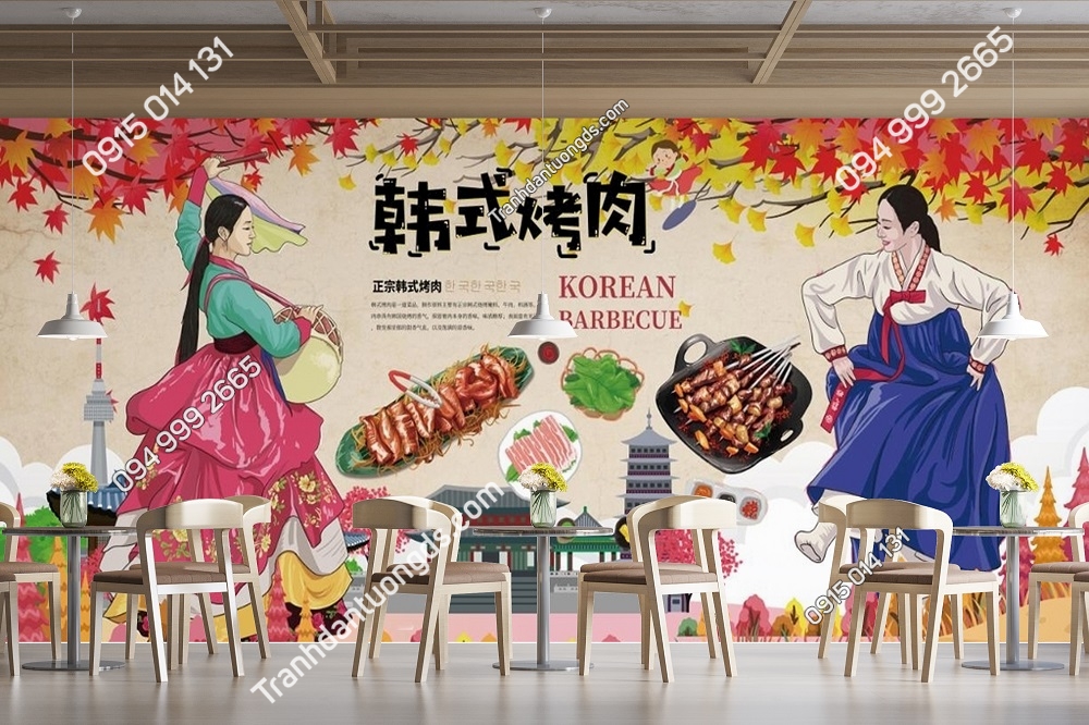 Tranh dán tường quán ăn hàn quốc cô gái mặc hanbok 30220819144443862104