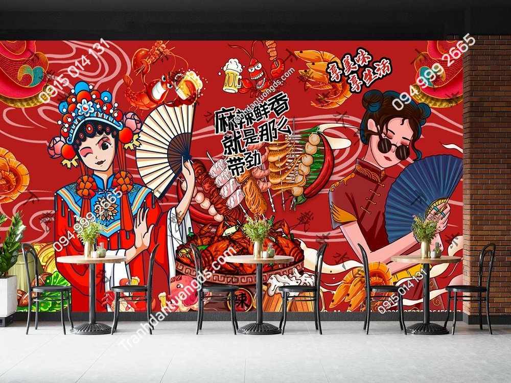 Tranh dán tường quán lẩu nướng phong cách kinh kịch Trung Quốc 3D