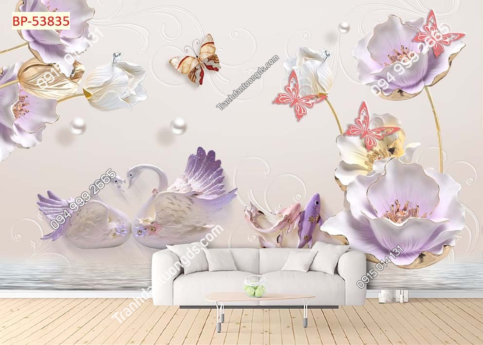 Tranh dán tường thiên nga 3D và hoa 53835