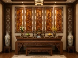 Tranh dán tường tứ quý khắc gỗ trang trí phòng thờ BP32525
